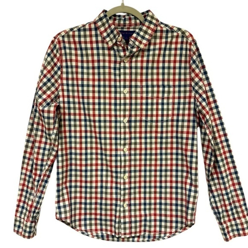Aeropostale Mens Button Down Shirt Red Blue Plaid Small Gingham Cotton